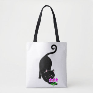 Bolso De Tela Gato negro hacia abajo y flores rosadas