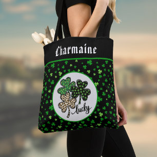 Bolso De Tela Gato Negro Impreso Verde del Trébol de la Suerte d