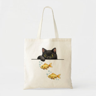 Bolso De Tela Gato negro lindo asomándose al arte de peces dorad