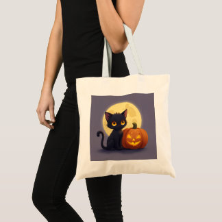 Bolso De Tela Gato negro lindo con calabaza tallada brillante
