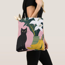Bolso De Tela Gato negro lindo con flor blanca