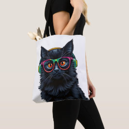 Bolso De Tela Gato negro lindo con gafas y audífonos