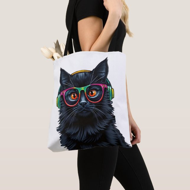 Bolso De Tela Gato negro lindo con gafas y audífonos (Detalle)