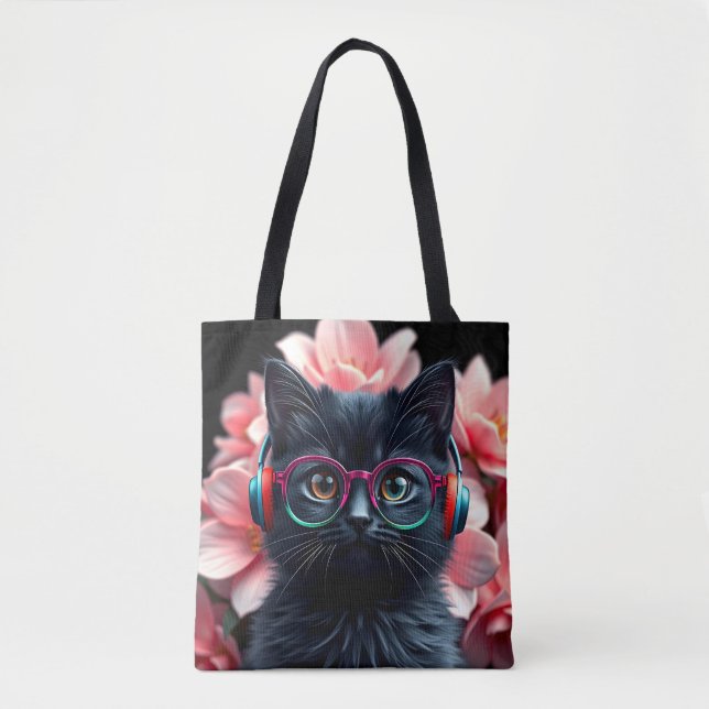 Bolso De Tela Gato negro lindo con gafas y audífonos (Anverso)