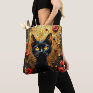 Bolso De Tela Gato negro lindo con rosas rojas