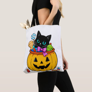 Bolso De Tela Gato negro lindo en calabaza de Jack-O'-Lantern Ha