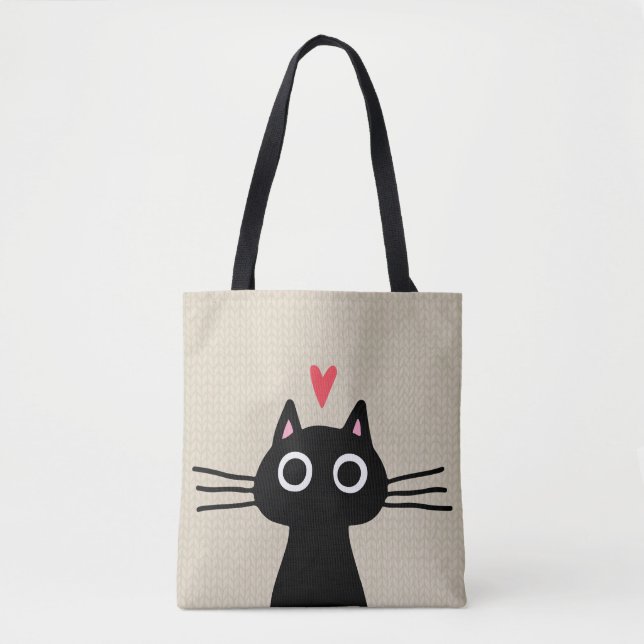 Bolso De Tela Gato negro lindo | Gatito con corazón de San Valen (Anverso)