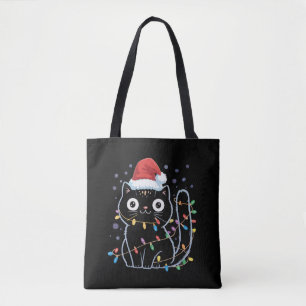 Bolso De Tela Gato negro lindo Santa luces de Navidad Maullido G