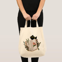Bolso De Tela Gato negro lindo y libro floral
