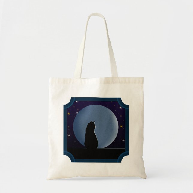 Bolso De Tela Gato negro, luna llena, estrellas (Frente)