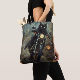 Bolso De Tela Gato Negro Montando Motocicleta Halloween Espeluzn