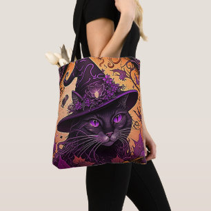 Bolso De Tela Gato negro ojos morados bruja Gorra Halloween