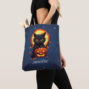 Bolso De Tela Gato negro personalizado con calabaza Halloween