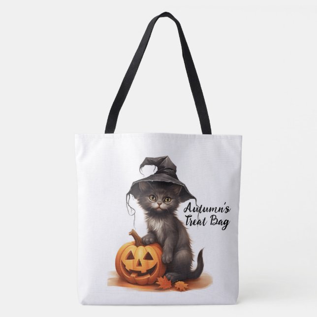 Bolso De Tela Gato negro personalizado y calabaza (Anverso)