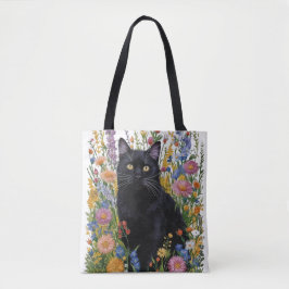 Bolso De Tela Gato negro pintado a mano y arte de bordado floral