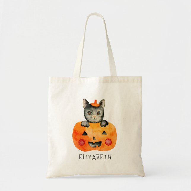 Bolso De Tela Gato negro y calabaza personalizados de Halloween (Frente)