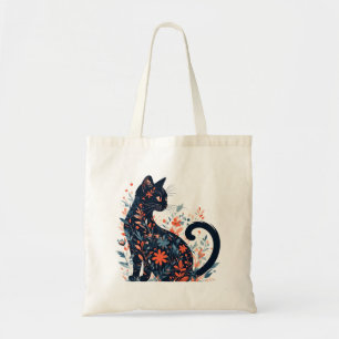 Bolso De Tela Gato Negro Y Floral - Sencillo Y Bello
