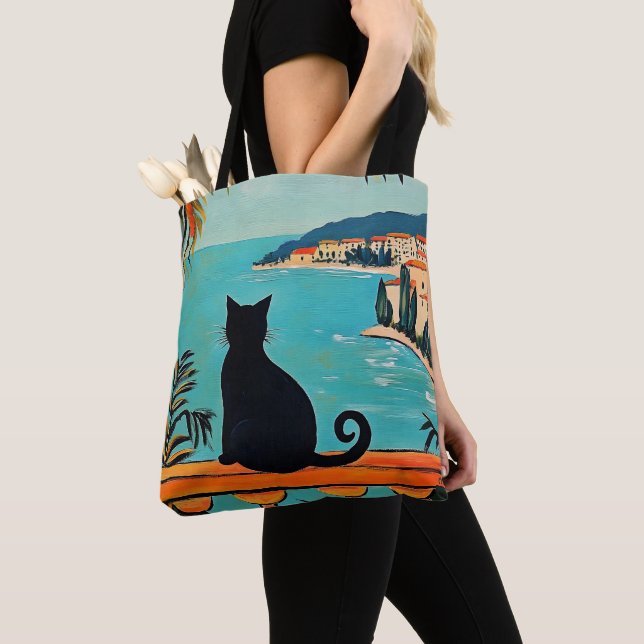 Bolso De Tela Gato Negro y Mar (Detalle)