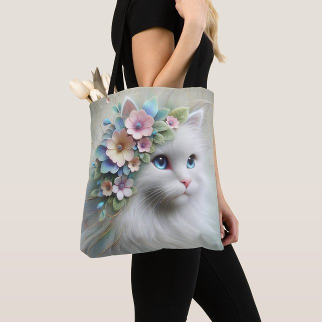 Bolso De Tela Gato persa con Laurel floral (Detalle)