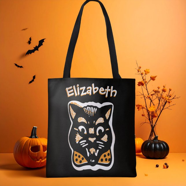 Bolso De Tela Gato personalizado de Halloween oscuro y truco o t (Custom name, black cat with orange bow tie trick or treat bag for Halloween.)