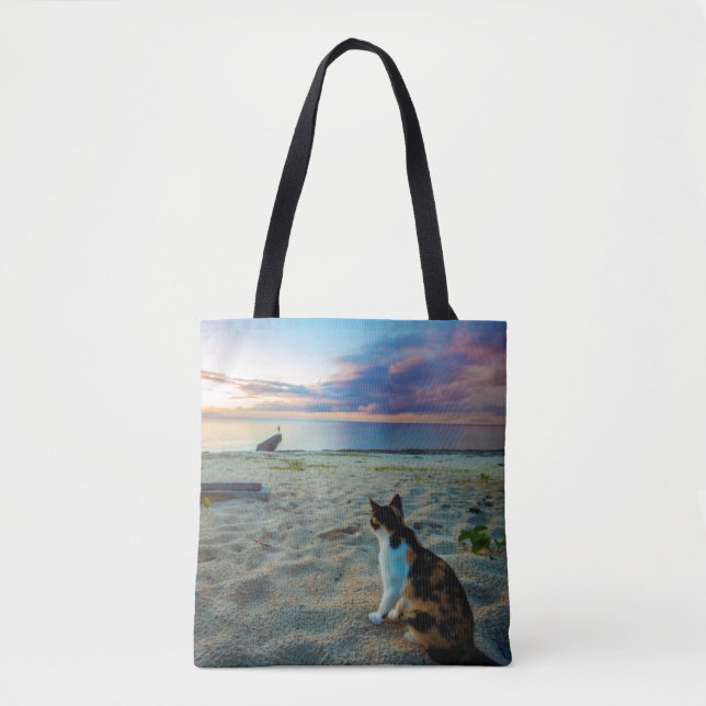 Bolso De Tela Gato que se sienta en una playa (Anverso)