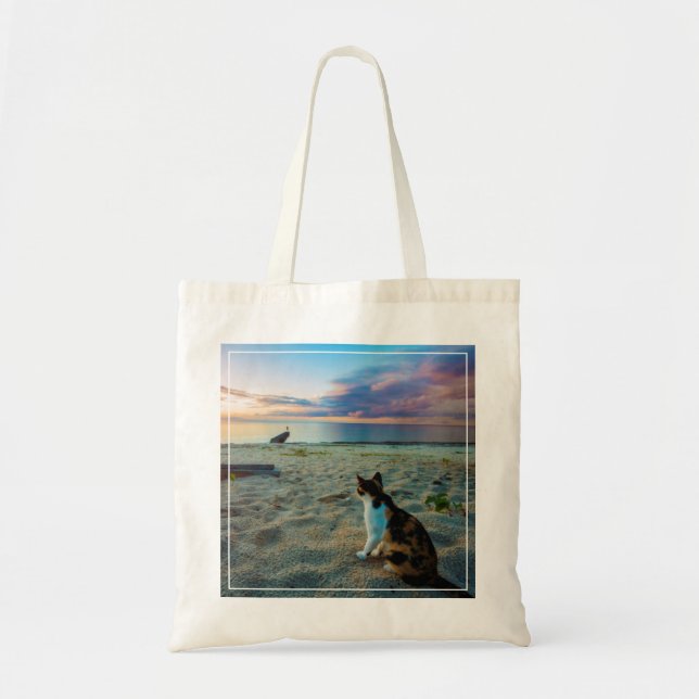 Bolso De Tela Gato que se sienta en una playa (Frente)