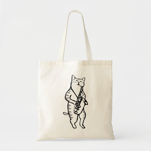 Bolso De Tela Gato Saxofón Jugador Músico Rock Jazz Divertido (Frente)