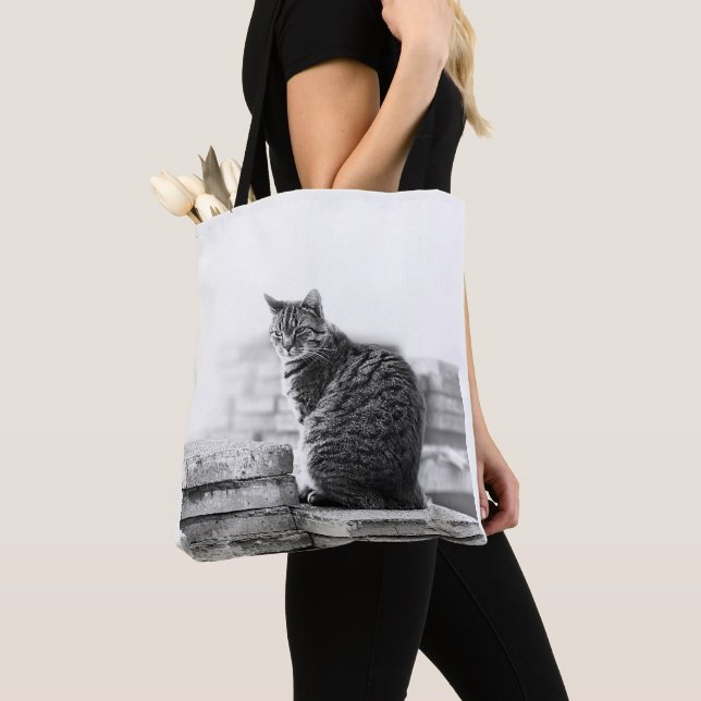 Bolso De Tela Gato sentado en blanco negro (Detalle)