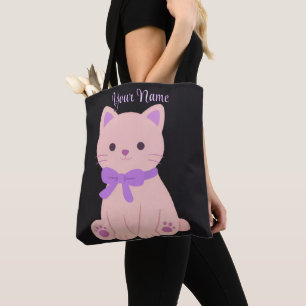 Bolso De Tela Gato Sentado Lazo Morado Bonito Kawaii Negro Perso