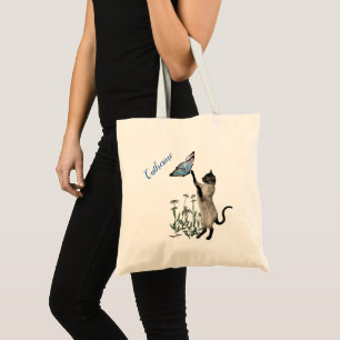 Bolso De Tela Gato Siamés Con Mariposa Azul Personalizado