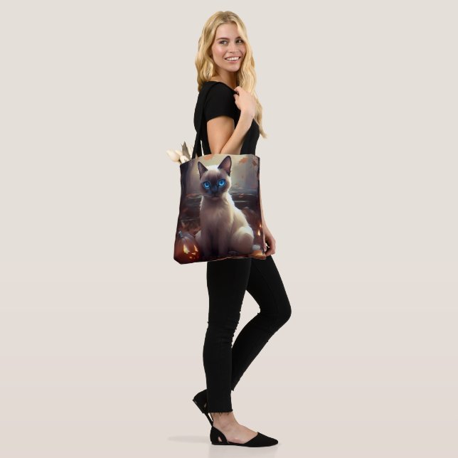 Bolso De Tela Gato siamés de Halloween con calabazas aterradoras (Puesto)