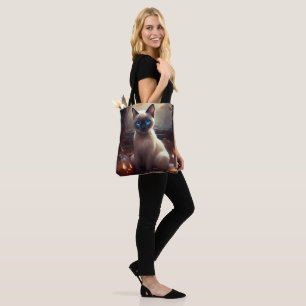Bolso De Tela Gato siamés de Halloween con calabazas espeluznant