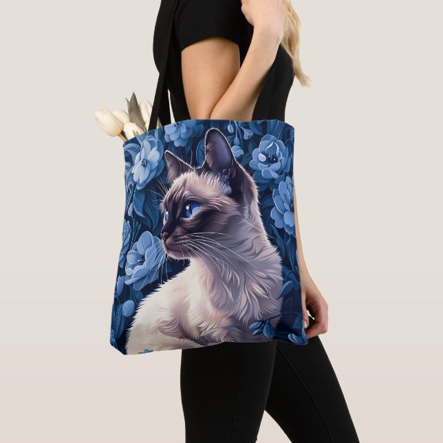 Bolso De Tela Gato siamés en flores azules (Detalle)