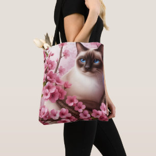 Bolso De Tela Gato siamés japonés flor de cerezo rosa