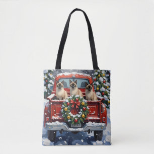 Bolso De Tela Gato Siames Navidad Camión Rojo Fiesta