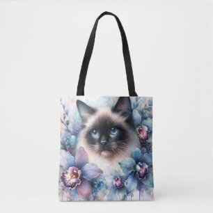 Bolso De Tela Gato siamés y flores de orquídea acuarela