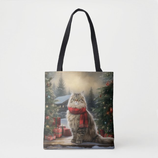 Bolso De Tela Gato siberiano en Navidades de nieve (Anverso)