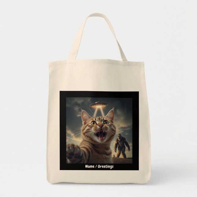 Bolso De Tela Gato tomándose selfie con OVNI y obsequio divertid (Frente)