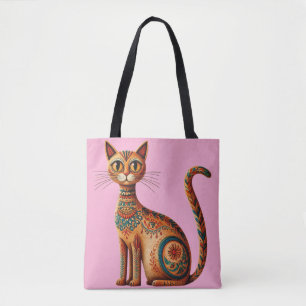 Bolso De Tela Gato tribal boho lindo arte popular con flores