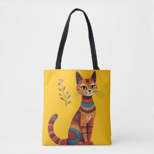 Bolso De Tela Gato tribal boho lindo arte popular con flores