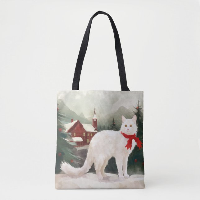 Bolso De Tela Gato turco angora en Navidades de nieve (Anverso)