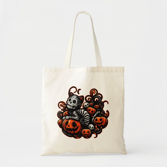 Bolso De Tela Gato y calabazas fantasmales (Frente)