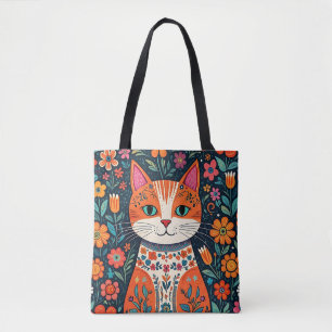 Bolso De Tela Gato y flores de arte folclórico caprichosos