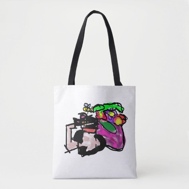 Bolso De Tela Gato y flores de primavera  (Anverso)