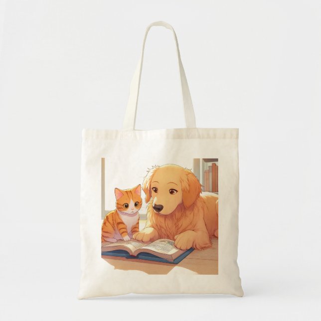 Bolso De Tela Gato y perro leyendo un libro (Frente)