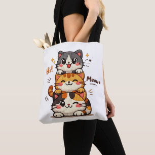 Bolso De Tela Gatos apilados lindos Hola Miau