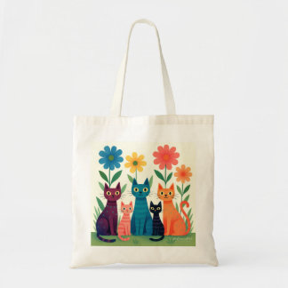 Bolso De Tela Gatos caprichosos coloridos en un jardín de flores