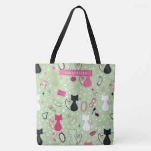 Bolso De Tela Gatos Corazón Verde de Mitad de Siglo