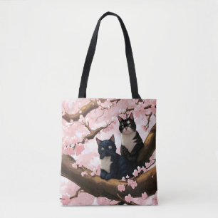 Bolso De Tela Gatos Cubiertos En Un Árbol De Flor De Cerezo