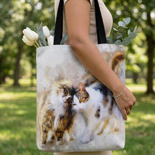 Bolso De Tela Gatos de Acuarela Acariciándose en Arte Abstracto